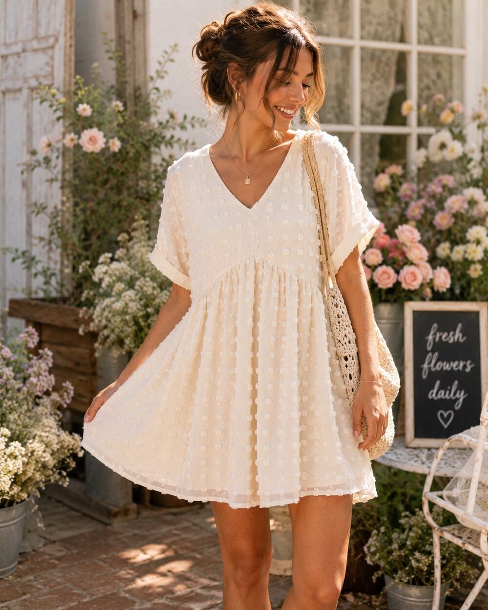 Kirundo Swiss Dot Babydoll Mini Dress Cream V-Neck Chiffon Cottagecore NWT